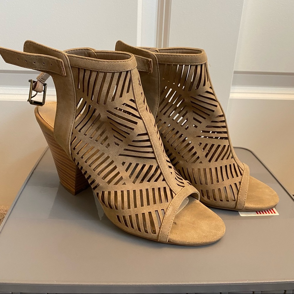 Tan suede fabric cutout heeled booties